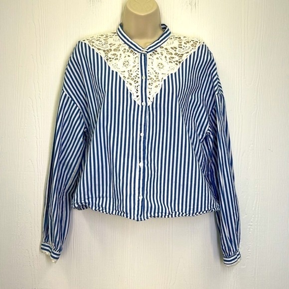 Zara - Lace Design Blue And White Stripe Button Down Long Sleeve Top Size XS - Picture 3 of 11